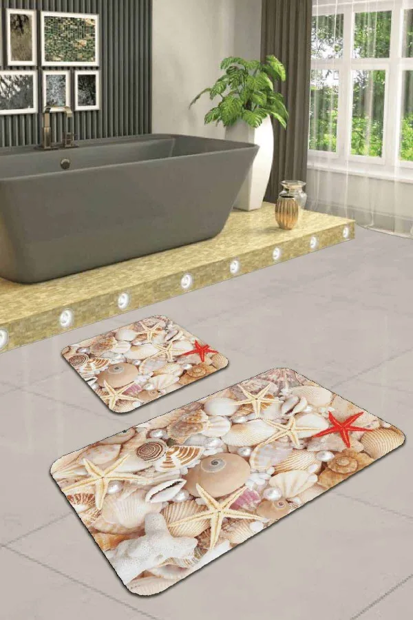 Paspas Klozet Takımı Bej Deniz Kabuklu Banyo Halısı Klozet 2'li Paspas Seti BS212