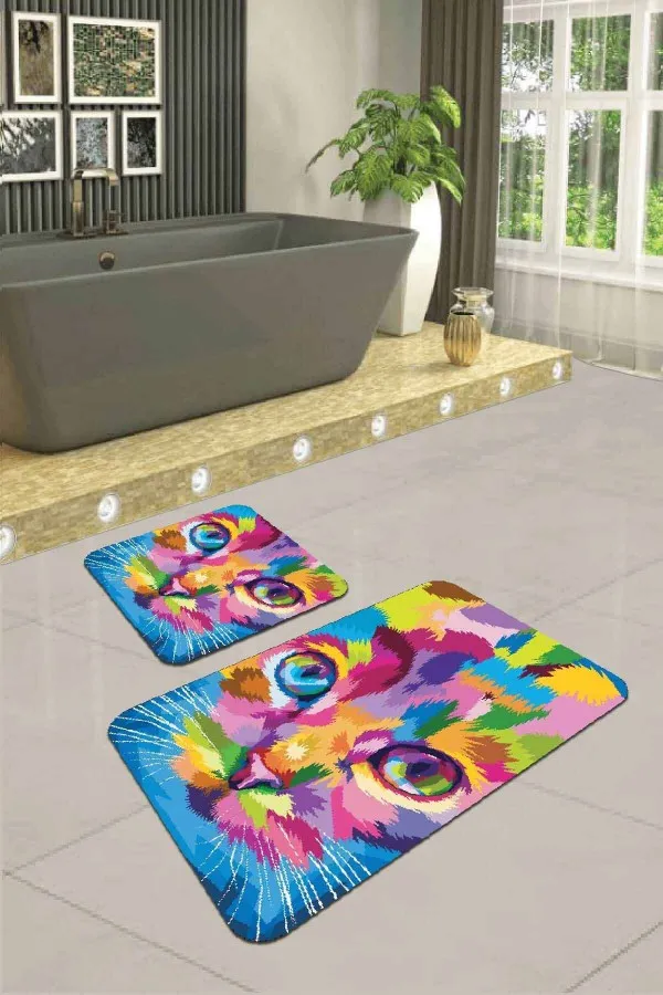 İnce Banyo Paspası Renkli Kedili Desen Banyo Halısı Klozet Paspas Seti BS263