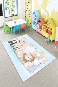 Mavi Kaymaz Tabanlı Sevimli Hayvanlar Bebek Halısı AR086 Mavi Kaymaz Tabanlı Sevimli Hayvanlar Bebek Halısı AR086