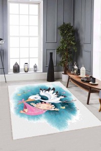 Turkuaz Kaymaz Taban Leylek Desenli Kız Bebek Halısı AR1010 Turkuaz Kaymaz Taban Leylek Desenli Kız Bebek Halısı AR1010