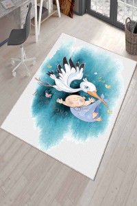 Turkuaz Kaymaz Tabanlı Leylekli Erkek Bebek Halısı AR1030 Turkuaz Kaymaz Tabanlı Leylekli Erkek Bebek Halısı AR1030