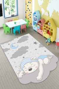 Mavi Kaymaz Tabanlı Ayıcıklı Lazer Kesim Bebek Halısı AR185 Mavi Kaymaz Tabanlı Ayıcıklı Lazer Kesim Bebek Halısı AR185