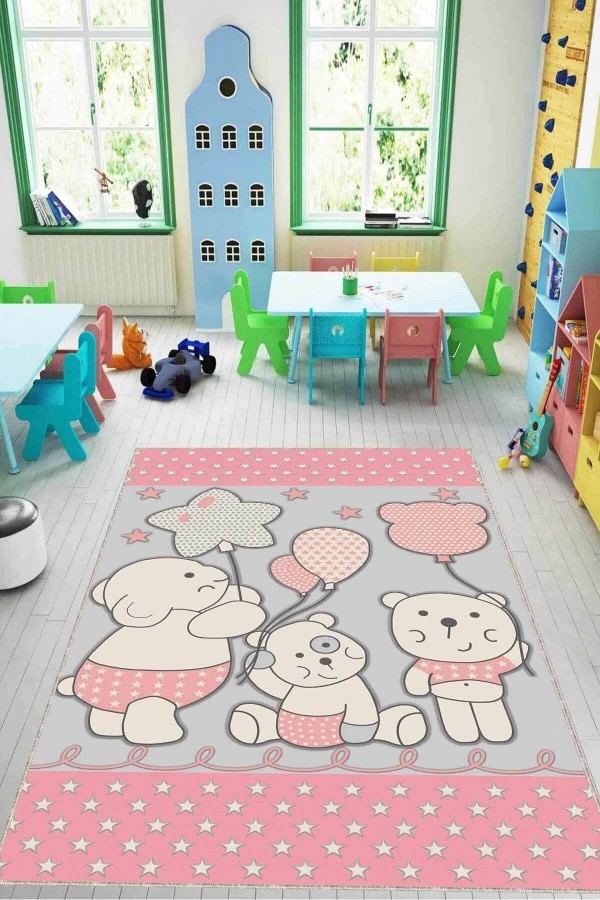 Pembe Kaymaz Tabanlı Yıkanabilir Ayıcıklı Bebek Halısı KD015