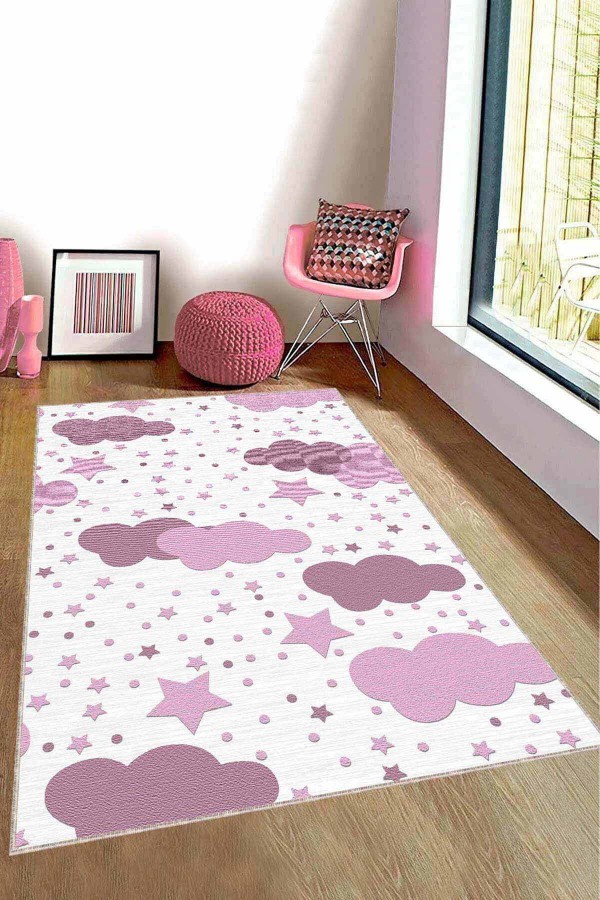 Pembe Kaymaz Tabanlı Yıkanabilir Bulutlu Bebek Halısı KD026