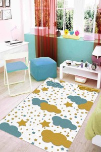 Turkuaz Kaymaz Tabanlı Yıkanabilir Bulutlu Bebek Halısı KD28 Turkuaz Kaymaz Tabanlı Yıkanabilir Bulutlu Bebek Halısı KD28