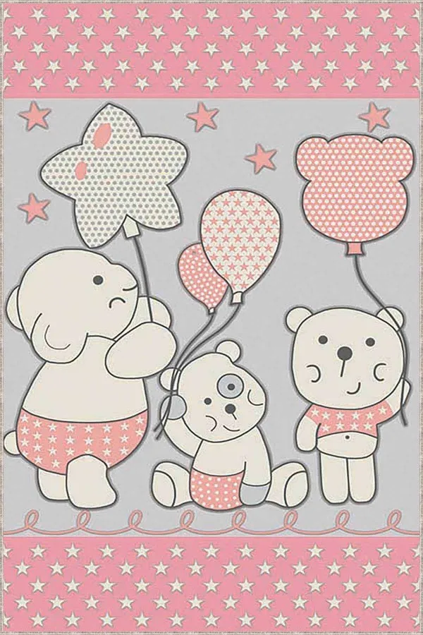 Pembe Çocuk Odası Halısı Pembe Kaymaz Tabanlı Yıkanabilir Ayıcıklı Bebek Halısı KD015