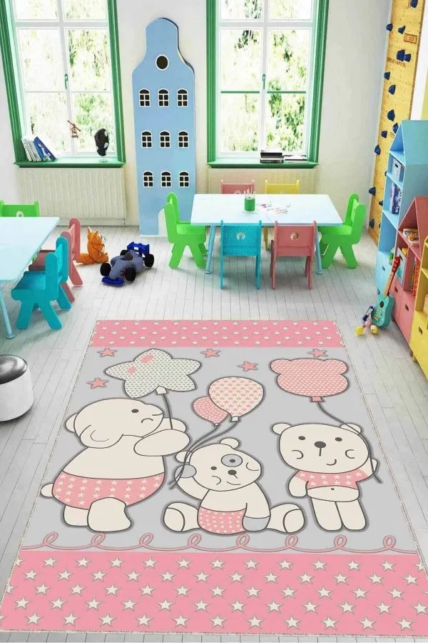 Pembe Çocuk Odası Halısı Pembe Kaymaz Tabanlı Yıkanabilir Ayıcıklı Bebek Halısı KD015