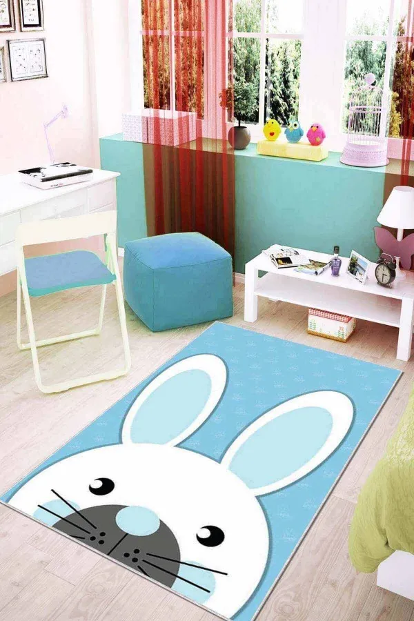 Erkek Bebek Halısı Mavi Yıkanabilir Kaymaz Tabanlı Tavşanlı Bebek Halısı KD04