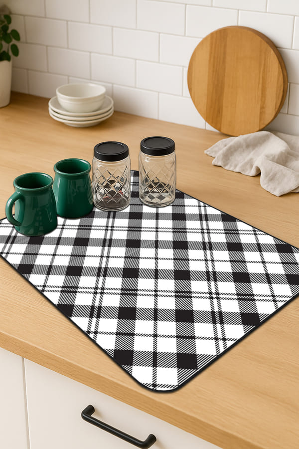 Ekoseli Siyah Bulaşık Kurutma Örtüsü Siyah Ekoseli Microfiber Bulaşık Kurutma Kurulama Matı MM004