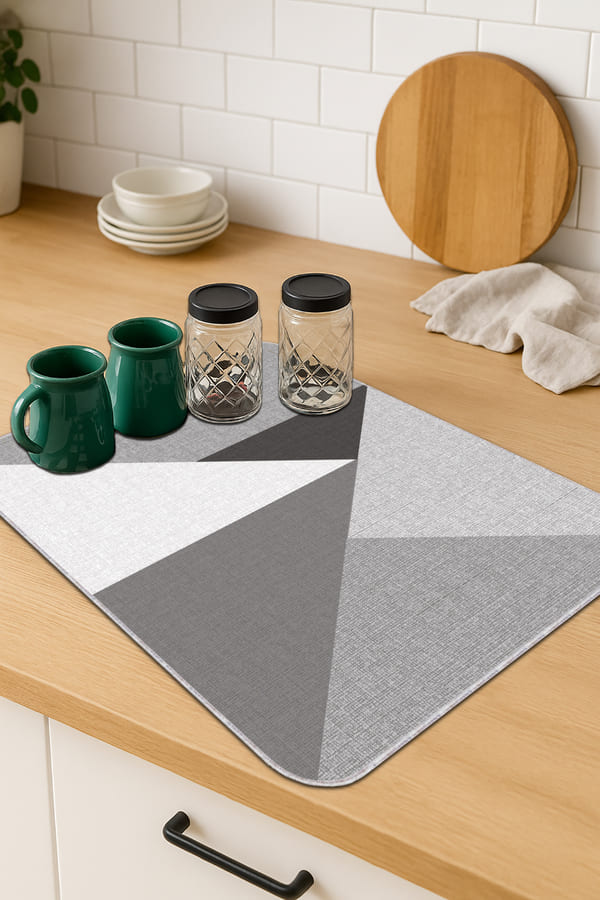 Geometrik Gri Bulaşık Kurutma Matı Gri Geometrik Microfiber Bulaşık Kurutma Kurulama Matı MM006