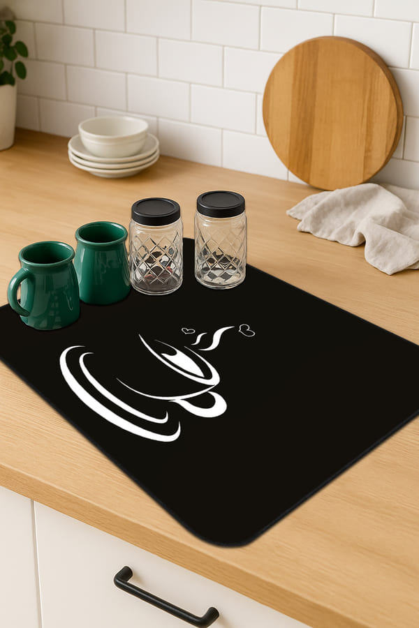 Mutfak Temalı Siyah Bulaşıklık Kurutma Matı Siyah Mutfak Temalı Microfiber Bulaşık Kurutma Matı MM008