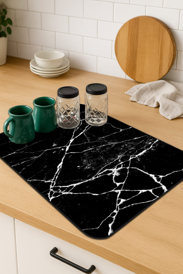 Siyah Mermer Görünümlü Microfiber Bulaşık Kurutma Matı MM012