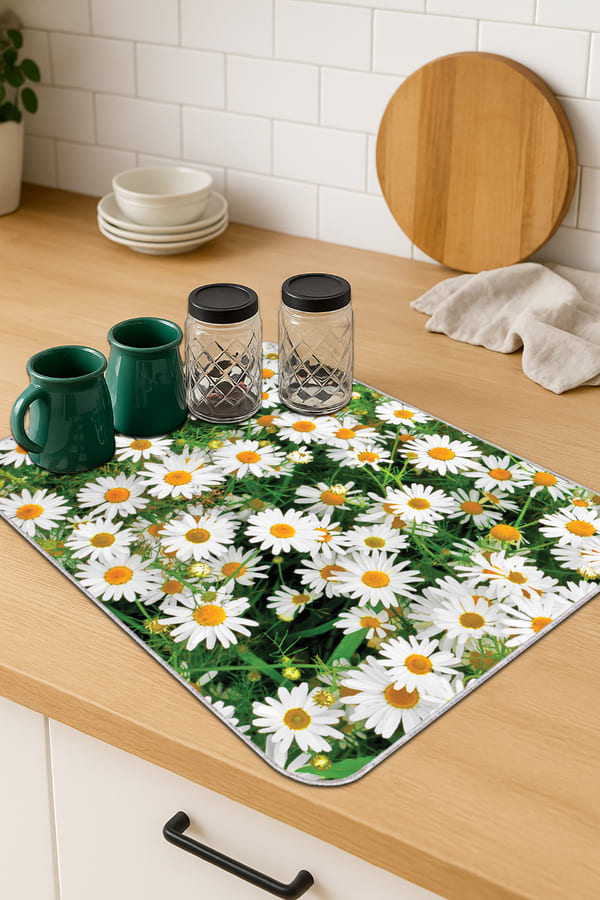 Çiçekli Yeşil Bulaşık Kurutma Pedi Yeşil Çiçekli Microfiber Bulaşık Kurutma Kurulama Matı MM016