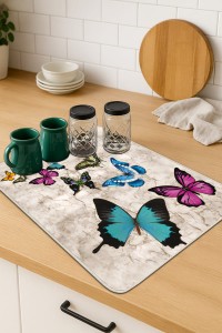 Çok Renkli Kelebekli Microfiber Bulaşık Kurutma Matı MM027 Çok Renkli Kelebekli Microfiber Bulaşık Kurutma Matı MM027