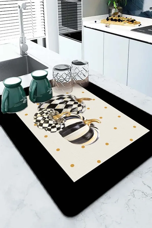 Bal Kabağı Temalı Krem Mutfak Bulaşık Matı Krem Bal Kabağı Temalı Microfiber Bulaşık Kurutma Matı MM020
