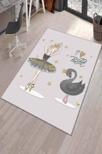 Gri Kaymaz Tabanlı Kuğulu Prensesli Çocuk Halısı AR037 Gri Kaymaz Tabanlı Kuğulu Prensesli Çocuk Halısı AR037