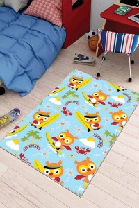 Mavi Kaymaz Tabanlı Yıkanabilir Baykuşlu Çocuk Halısı AR038 Mavi Kaymaz Tabanlı Yıkanabilir Baykuşlu Çocuk Halısı AR038