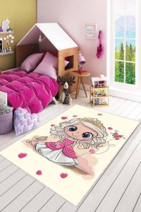 Krem Kaymaz Tabanlı Yıkanabilir Prensesli Çocuk Halısı AR044 Krem Kaymaz Tabanlı Yıkanabilir Prensesli Çocuk Halısı AR044