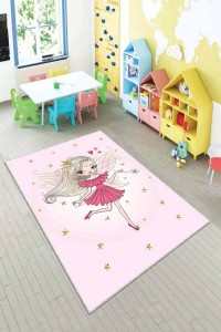Pembe Kaymaz Tabanlı Yıkanan Prensesli Çocuk Halısı AR055 Pembe Kaymaz Tabanlı Yıkanan Prensesli Çocuk Halısı AR055