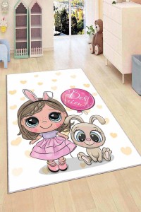 Pembe Kaymaz Tabanlı Yıkanır Prensesli Çocuk Halısı AR056 Pembe Kaymaz Tabanlı Yıkanır Prensesli Çocuk Halısı AR056