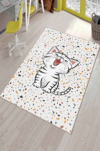 Ekru Kaymaz Tabanlı Yıkanabilir Kedili Çocuk Halısı AR1013 Ekru Kaymaz Tabanlı Yıkanabilir Kedili Çocuk Halısı AR1013