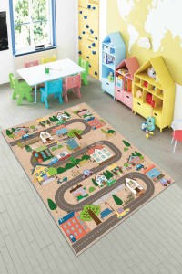 Bej Kaymaz Tabanlı Otoyollu Oyun Halısı Çocuk Halısı AR1014 Bej Kaymaz Tabanlı Otoyollu Oyun Halısı Çocuk Halısı AR1014