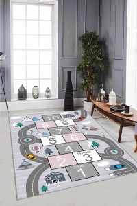 Gri Kaymaz Tabanlı Yollu Seksekli Çocuk Halısı AR1026