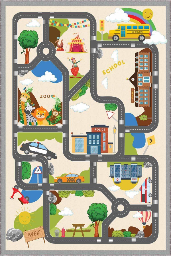 Krem Kaymaz Tabanlı Otoyollu Oyun Halısı Çocuk Halısı AR1111