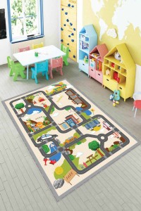 Krem Kaymaz Tabanlı Otoyollu Oyun Halısı Çocuk Halısı AR1111 Krem Kaymaz Tabanlı Otoyollu Oyun Halısı Çocuk Halısı AR1111