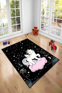 Siyah Kaymaz Tabanlı Yıkanabilir Unicorn Çocuk Halısı AR1128 Siyah Kaymaz Tabanlı Yıkanabilir Unicorn Çocuk Halısı AR1128