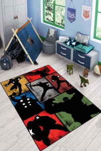 Kırmızı Kaymaz Tabanlı Süper Kahramanlar Çocuk Halısı AR1176 Kırmızı Kaymaz Tabanlı Süper Kahramanlar Çocuk Halısı AR1176