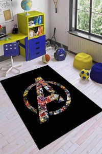 Siyah Kaymaz Tabanlı Süper Kahramanlar Çocuk Halısı AR1181 Siyah Kaymaz Tabanlı Süper Kahramanlar Çocuk Halısı AR1181