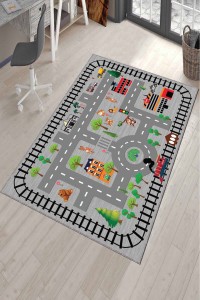 Gri Kaymaz Tabanlı Otoyollu Oyun Halısı Çocuk Halısı AR147 Gri Kaymaz Tabanlı Otoyollu Oyun Halısı Çocuk Halısı AR147