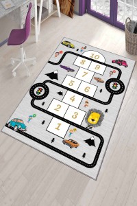 Gri Kaymaz Tabanlı Yıkanır Yollu Seksekli Çocuk Halısı AR154 Gri Kaymaz Tabanlı Yıkanır Yollu Seksekli Çocuk Halısı AR154