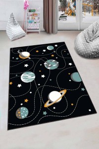 Siyah Kaymaz Taban Uzay Temalı Gezegenli Çocuk Halısı AR227 Siyah Kaymaz Taban Uzay Temalı Gezegenli Çocuk Halısı AR227