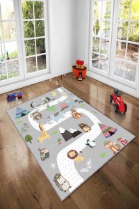 Gri Kaymaz Tabanlı Otoyollu Oyun Halısı Çocuk Halısı AR231 Gri Kaymaz Tabanlı Otoyollu Oyun Halısı Çocuk Halısı AR231