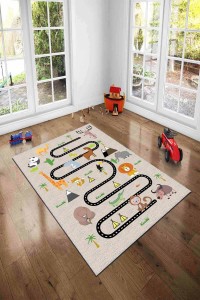 Bej Kaymaz Tabanlı Otoyollu Oyun Halısı Çocuk Halısı AR234 Bej Kaymaz Tabanlı Otoyollu Oyun Halısı Çocuk Halısı AR234