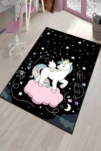 Siyah Kaymaz Tabanlı Yıkanabilir Unicorn Çocuk Halısı AR783 Siyah Kaymaz Tabanlı Yıkanabilir Unicorn Çocuk Halısı AR783