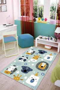 Turkuaz Kaymaz Tabanlı Sevimli Hayvanlar Çocuk Halısı AR786 Turkuaz Kaymaz Tabanlı Sevimli Hayvanlar Çocuk Halısı AR786