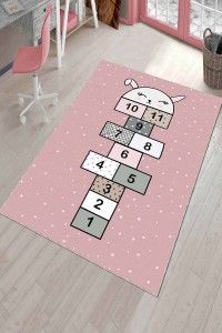 Pembe Kaymaz Tabanlı Seksekli Tavşanlı Çocuk Halısı AR824 Pembe Kaymaz Tabanlı Seksekli Tavşanlı Çocuk Halısı AR824