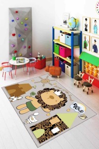 Bej Kaymaz Tabanlı Yıkanabilir Aslanlı Çocuk Halısı KD033 Bej Kaymaz Tabanlı Yıkanabilir Aslanlı Çocuk Halısı KD033