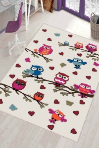 Çok Renkli Kaymaz Tabanlı Baykuşlu Çocuk Halısı KD043 Çok Renkli Kaymaz Tabanlı Baykuşlu Çocuk Halısı KD043