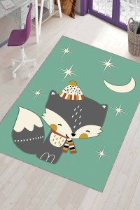 Yeşil Kaymaz Tabanlı Sevimli Hayvanlar Çocuk Halısı KD044 Yeşil Kaymaz Tabanlı Sevimli Hayvanlar Çocuk Halısı KD044