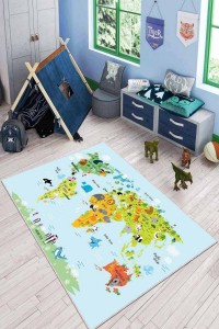 Mavi Kaymaz Taban Dünya Haritası Eğitici Çocuk Halısı KD081 Mavi Kaymaz Taban Dünya Haritası Eğitici Çocuk Halısı KD081