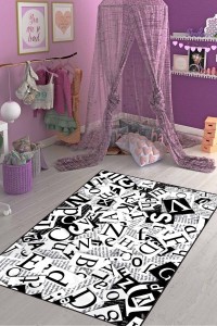 Siyah Kaymaz Tabanlı Yıkanabilir Harfli Çocuk Halısı KD111 Siyah Kaymaz Tabanlı Yıkanabilir Harfli Çocuk Halısı KD111