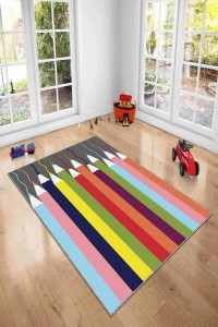 Çok Renkli Kaymaz Tabanlı Kalem Temalı Çocuk Halısı KD29 Çok Renkli Kaymaz Tabanlı Kalem Temalı Çocuk Halısı KD29