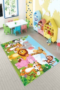Çok Renkli Kaymaz Taban Sevimli Hayvanlar Çocuk Halısı KD74 Çok Renkli Kaymaz Taban Sevimli Hayvanlar Çocuk Halısı KD74
