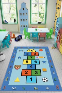 Mavi Kaymaz Tabanlı Seksekli Oyun Halısı Çocuk Halısı KD94 Mavi Kaymaz Tabanlı Seksekli Oyun Halısı Çocuk Halısı KD94