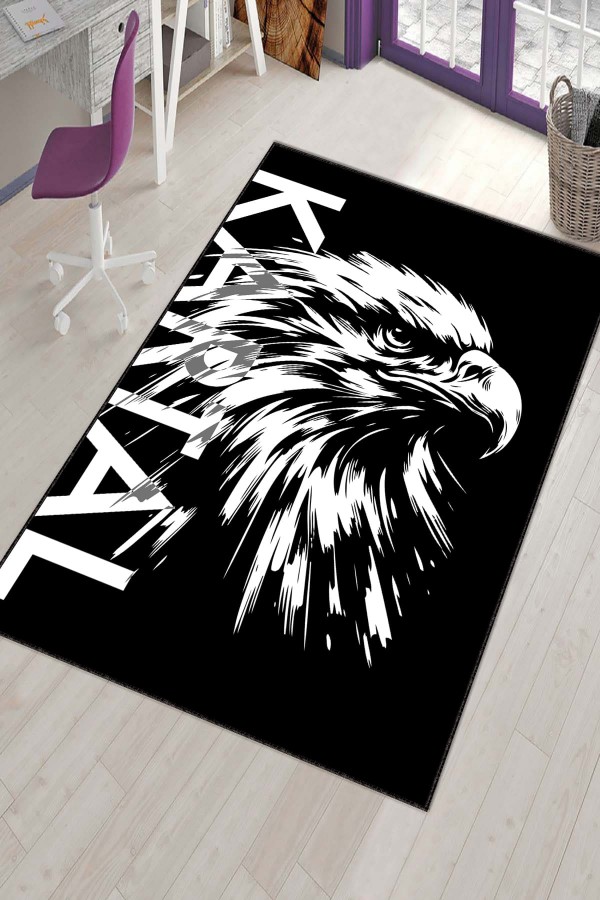 Bjk Li Halı Siyah Beyaz Kaymaz Tabanlı Kartal Taraftar Halısı VH137