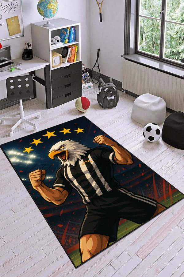 Beşiktaşlı Halı Modelleri Ve Fiyatları Kartal 5 Yıldız Kaymaz Tabanlı Taraftar Halısı VH147